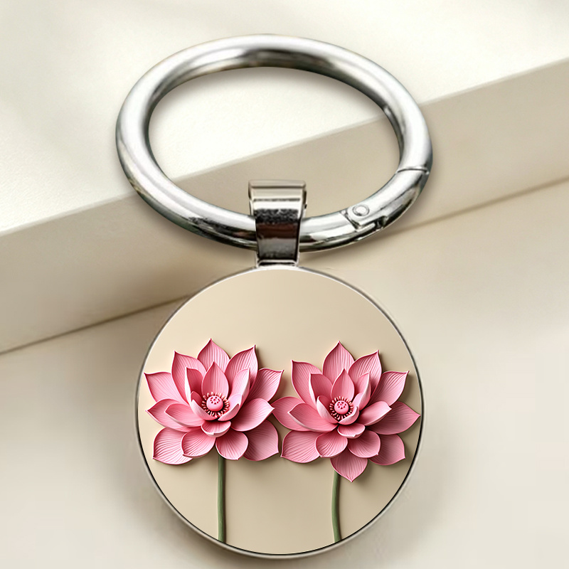 Double Pink Lotus Flowers Keychain with Realistic Pattern